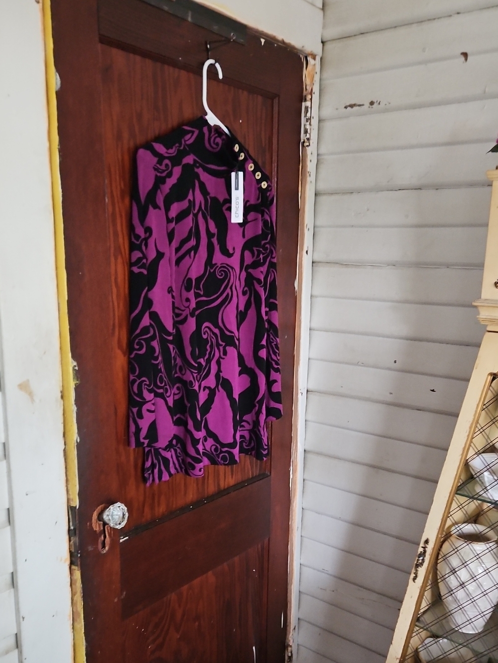Chico's Purple and Black One-Shoulder Abstract Print Top with Gold Buttons